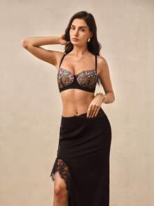 Hourtrue 1pc Lace Patchwork Sexy Women's Bra, Wireless Seamless T-Shirt Bra For Daily Wear - Black - View 3