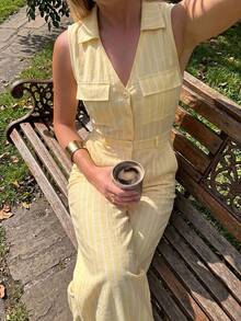 Cévolie Women's Sweet Striped Button V-Neck Pocket Jumpsuit - Yellow - View 3