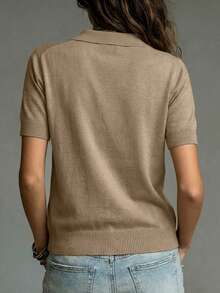Franclia Women's Spring/Summer White Simple Casual Turndown Collar Regular Shoulder Short Sleeve Solid Color Fitted Knit Top - Mocha Brown - View 2
