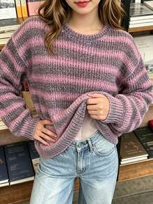 SHEIN 1件女童寬鬆條紋長袖上衣，初秋學生休閒穿搭，親膚華夫格針織圓領打底T恤 - 彩色 - 查看 8
