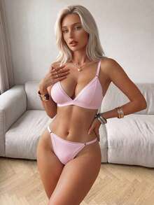 SuitURBody Women's Simple Solid Color Lace Trim Bra And Panty Set  For Everyday Wear Casual Without Padding - Pink - View 4