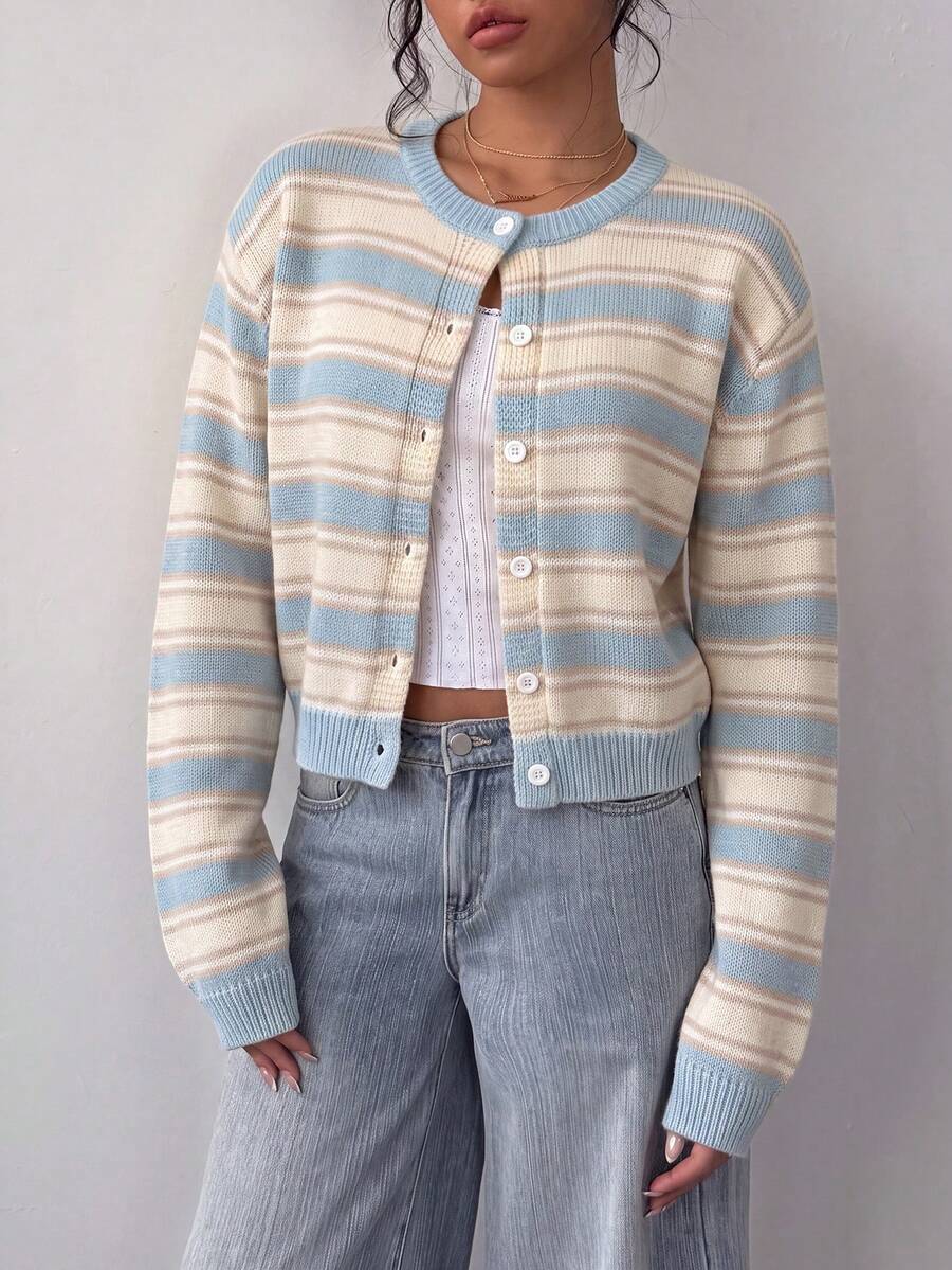 SHEIN BASICS 女款休閒針織開襟衫,條紋設計,適合秋冬/夏季,街頭風,適用於日常通勤、約會、學校教師、派對、婚禮 - 彩色 - 查看 1