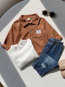 SHEIN 3 pezzi/Set Outfit casual autunno/inverno per neonato maschio, include maglietta interna, camicia bianca a collo medio e jeans in denim, set camicia, set giacca, set denim, outfit autunno/inverno per neonato - Multicolore - Visualizzare 6