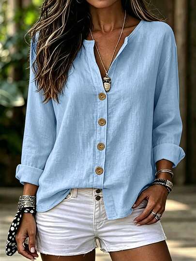 Wandoria Women's Light Khaki V-Neck Button-Down Long Sleeve Loose Casual Vacation Style Shirt Blouse, Suitable For Carnival, Labor Day, Back To School, Travel, Beach, Street, Easter, Summer And Autumn, New Essential Fashion Item, Niche Design, Versatile Casual Shirt