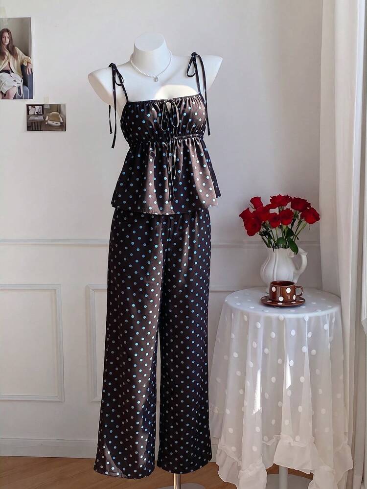 Comfortcana Women's Spring/Summer Casual Cute Vintage Brown And White Polka Dot Print Camisole And Pants 2-Piece Set, Valentine's Day 2-Piece Set Vacation - Brown - View 6