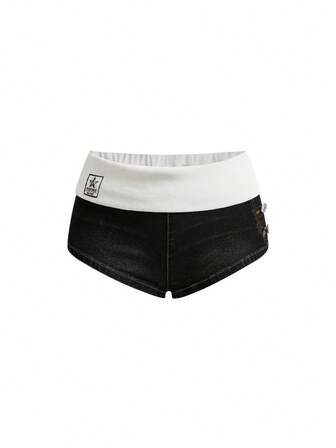 Grunge Punk Shorts in denim mini a vita ultra bassa con vita pieghettata e contrasto di colore, per festival musicali primavera/estate