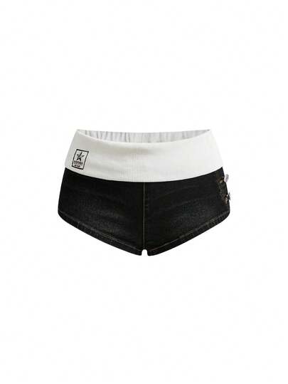 Grunge Punk Shorts in denim mini a vita ultra bassa con vita pieghettata e contrasto di colore, per festival musicali primavera/estate