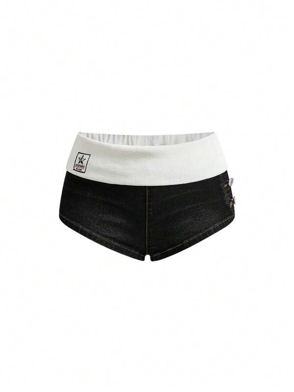ROMWE Grunge Punk Spring/Summer Music Festival Folded Waist Contrast Color Ultra Low Waist Mini Denim Shorts