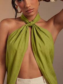 Hauture Women's Sexy Abstract Print Halter Neck Backless Linen Top - Green - View 6