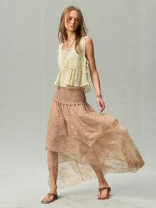 SHEIN Women's French Vintage Lace High Elasticity Shirred Slimming Everyday Date Commute Versatile Skirt - Apricot - View 4