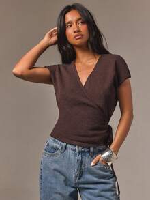 Athîral Women's Solid Color V-Neck Knotted Waist Casual Daily Knit Top - Coffee Brown - View 4