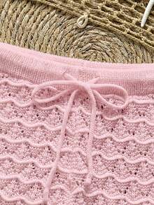 Soleia Knitted Crochet Drawstring Hollow Out Slim Fit Cover-Up Shorts - Pink - View 4