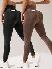 SHEIN Velisys Seamless Double Waist Combo Pack (Black + Brown) Long Pants With Pockets - Multicolor - View 1