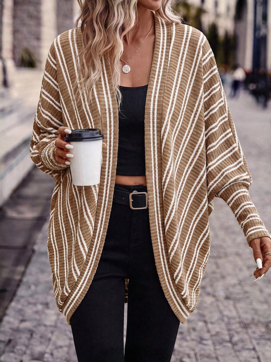 SHEIN Frenchy Spring/Autumn Casual Color-Block Striped Batwing Sleeve Jacket - Brown - View 1