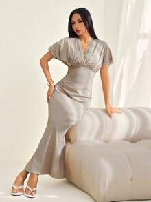 SHEIN PETITE Spring Summer Linen French Lace Splice V-Neck Dress High-Waist Pleated Design Slimming Fit Flowing Mid-Length Elegant Vacation Gray Brunch Tea Party - Apricot - View 4