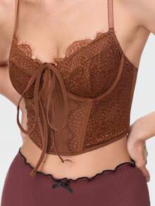 Bonmuse French Retro Brown Lace Halter Corset, Fishbone Waist Cincher Bust Enhancer Sexy Corset - Brown - View 6