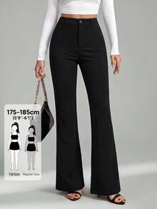 SHEIN Tall Celana Panjang Wanita Warna Polos Kancing Depan Kasual Model Pas Badan Model Flare - Hitam - View 1