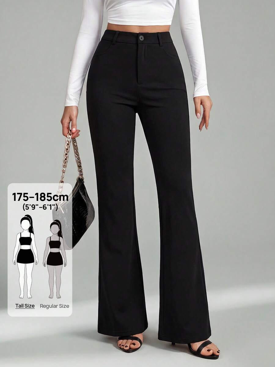 SHEIN Tall Celana Panjang Wanita Warna Polos Kancing Depan Kasual Model Pas Badan Model Flare - Hitam - View 1
