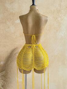 Soleia Vestido de Malha Plus Size Amarelo Manteiga com Borlas, Decote Halter e Costas Abertas, Sexy, para Praia, Férias, Encontro à Noite, Outono - Amarelo - Visão 2