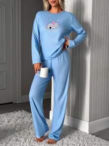 SHEIN Sleepy Koala Graphic Long Sleeve Solid Color Casual Pajama Set - Blue - View 4