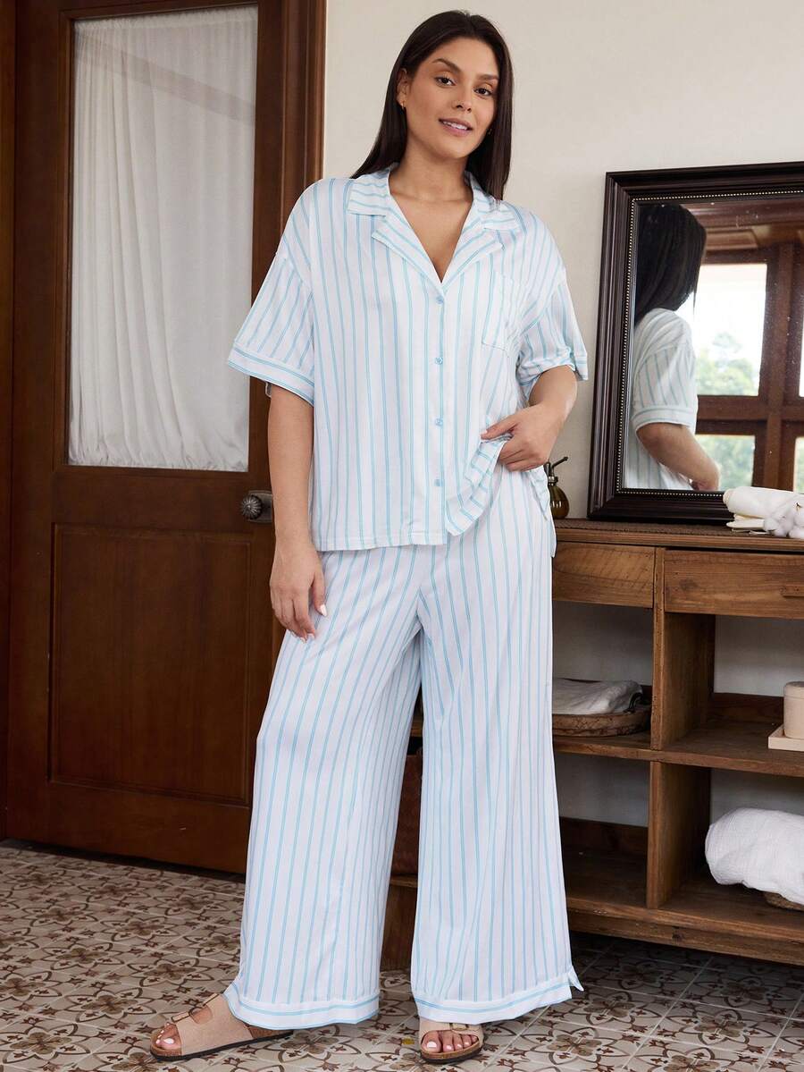 Doze Lane Minimalist Casual Blue & White Striped Collared Short Sleeve Long Pants Women Plus Size Pajama Set - Multicolor - View 1