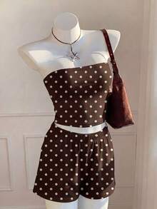Comfortcana Conjunto de dos piezas de top bandeau y pantalones cortos con lunares marrones y blancos, estilo casual vintage para mujer, ideal para playa, vacaciones y verano - Marrón - Ver 3