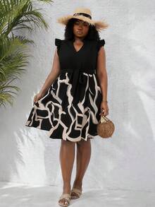 CurvyTilda Plus Graphic Print Notched Neckline Ruffle Trim Belted Dress For Women,Black Summer Elegant Formal Office Attire,Work Floral Party Vacation Outfits - Multicolor - View 4