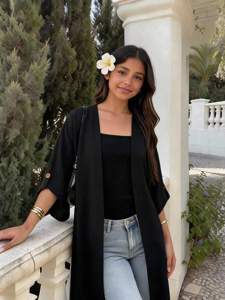 Tween Girls Casual Daily Fashion Loose Black Long Jacket, Long, Autumn,Girls Summer Clothes - Black - View 1