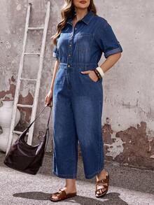 EMERY ROSE EMERY ROSE Plus Size Fashion Button Short Sleeve Pocket Denim Jumpsuit,Halloween Vacation Outfits Dates Vacation Blue Summer Normal Traditional - Blue - View 4