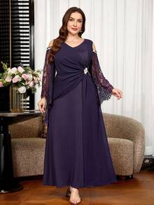 Reflora Plus Size Elegant Elegant Rhinestone Buckle Pleated Lace Patchwork Dress Fall - Purple - View 4