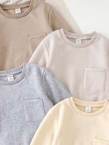Elladie kids 4件組中性兒童純色口袋長袖運動衫，冬季校園圓領素色上衣，日常返校度假百搭穿搭 - 彩色 - 查看 3