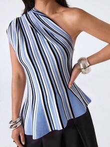 LYSMO Women's Fashion Colorblock Blue And White Stripe One Shoulder Knit Top Vacation Summer Coastal Modest - Multicolor - View 4