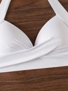 Voyashape Summer Beach Solid Color Halterneck Swimwear Top - White - View 8