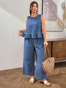 Lounesse Plus Size Ruffle Vest Denim Pants 2 Pieces Set Halloween Waist Wide Leg Capri Denim Loose Casual Denim Matching Outfit Country Vacation Summer Beach - Blue - View 4