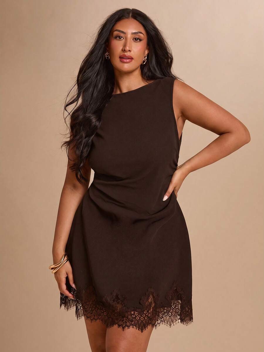 SHEIN BAE CURVE 大尺碼女款黑色蕾絲拼接無袖洋裝 - 棕色 - 查看 1