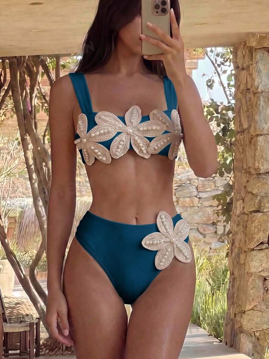 Bonvoyette 女款海灘泳池派對度假時尚性感休閒花卉裝飾純色珍珠飾邊寬肩帶比基尼套裝 藍綠色 夏季 - 墨綠色 - 查看 1