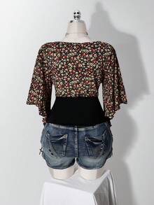 SHEIN ICON Women's Plus Size Floral Patchwork Ruffle Trim T-Shirt - Black - View 2