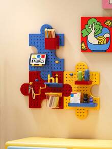 1 Set Colorful Puzzle Piece Pegboard Wall Organizer, Interlockable Plastic Hole Board Storage Rack With Hooks Shelves Bins, DIY Assemble Modular Wall Display Shelf For Stationery Decor Small Items, Space-Saving Kids Room Bedroom Wall Storage Decor - color - View 3