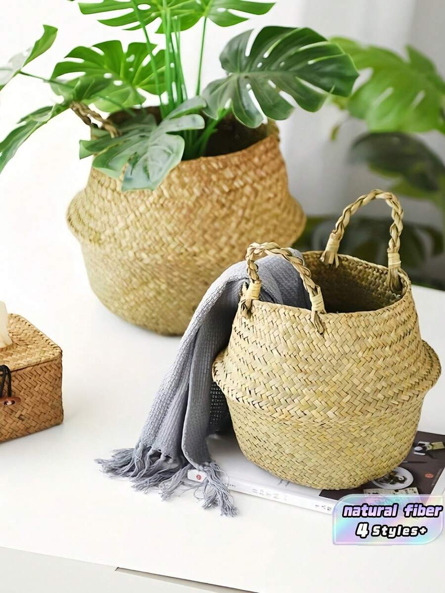 1件裝天然藤編手編籃子 強化框架 防水內襯 圓形多用途收納籃 適用盆栽、客廳毛毯、農舍風層架、波西米亞植物架、鄉村居家裝飾、門廊裝飾,四季通用 - 多色 - 查看 1