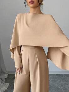 Elenzga Women's Elegant Stylish Long Sleeve Colllarless Ruched Waist Wide Leg Jumpsuit Fall Cloth For Women - Apricot - View 7