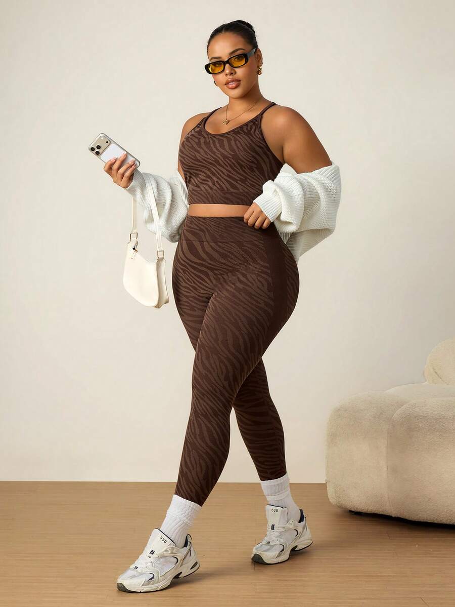 SHEIN Rhythm Era Plus Size Bra & Leggings Sports Set, Brown Zebra Print Racerback High Impact Sports Bra And Pants 2pcs - Brown - View 1