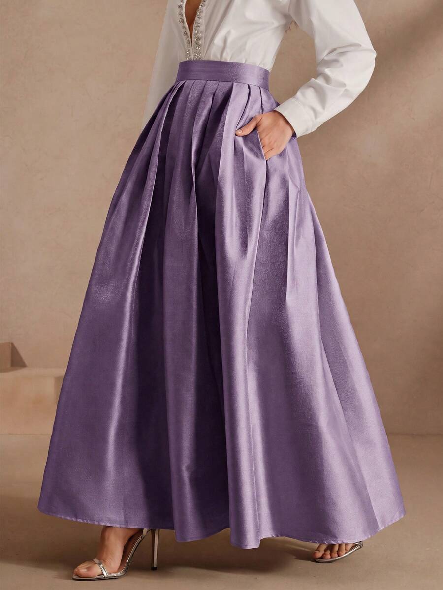 Anewsta Essential Rok Maxi Model Putri Elegan Berpinggang Tinggi Warna Burgundy untuk Wanita - Purple - View 1