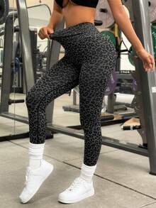 Slayform Slayform 1pc Regular Long Pants/Butt Lift Design/Basic Style/Sports Long Pants/Black Grey Leopard Print/Fitness/Yoga Seamless - Multicolor - View 3