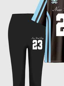 SHEIN Explorewe 女式休闲时尚创意数字 23 和标语图案印花短袖上衣和紧身打底裤 2 件套，街头运动风格 - 彩色 - 查看 5