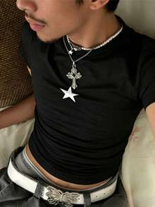 Manfinity Dauomo 男士修身版型T恤，小星星印花，頹廢街頭風，圖形設計，假期外出電音派對黑白配色夏季款 - 黑色 - 查看 4