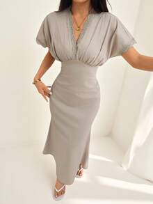 SHEIN PETITE Spring Summer Linen French Lace Splice V-Neck Dress High-Waist Pleated Design Slimming Fit Flowing Mid-Length Elegant Vacation Gray Brunch Tea Party - Apricot - View 3