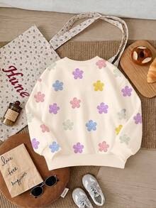 奶油白可愛甜美刺繡花卉圖案女款休閒簡約加厚柔軟舒適圓領套頭運動衫，適合秋冬日常穿著，秋季氛圍，冬季時尚，南瓜季，萬聖節 - 彩色 - 查看 3
