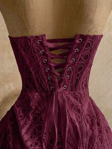 Soleia Women's Sexy Vacation Strapless Lace Textured Draped Mesh Ruched Bustier Mini Dress, Beach Night Out Club, Summer, Music Festival, Party, Burgundy - Burgundy - View 5