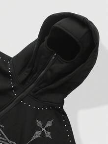 ROMWE MEN Men's Letter Flashing Diamond Double Layer Hooded Loose Zipper Front Sweatshirt - Black - View 2