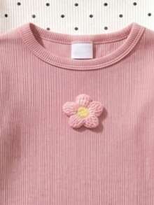 SHEIN 1件女款圓領長袖上衣，3D花朵貼花，可選粉色3D花朵、波點、咖啡色、蝴蝶結款式，垂直紋理荷葉邊下擺，修身版型，適合外出、日常穿著，春秋冬季 - 杏色 - 查看 7